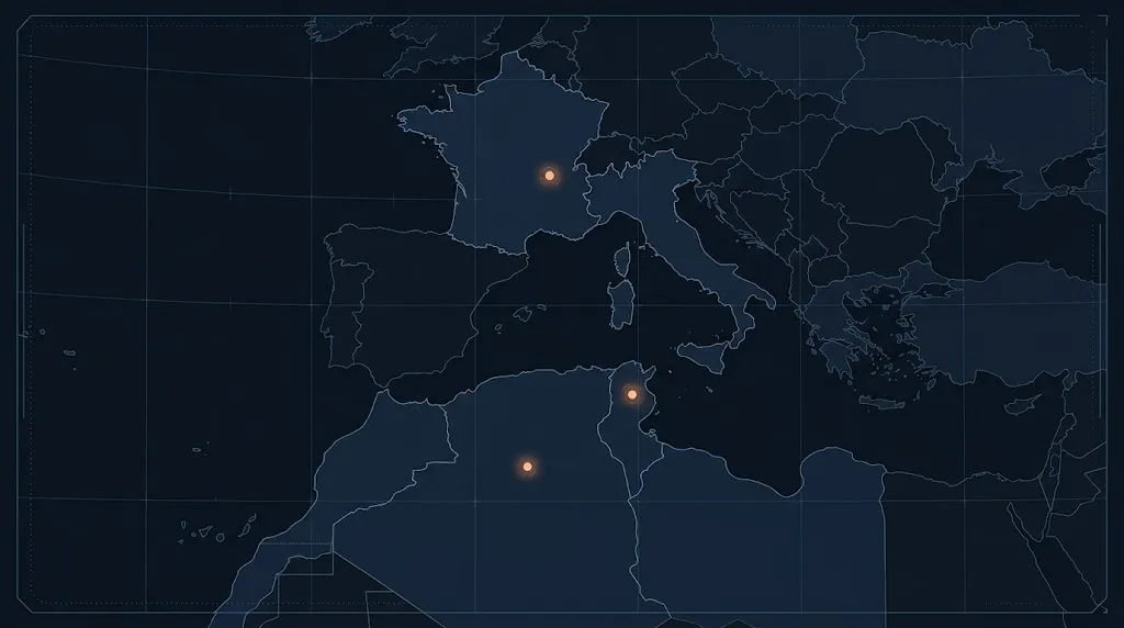 Carte stylisée des zones d'intervention : France, Tunisie et Maghreb